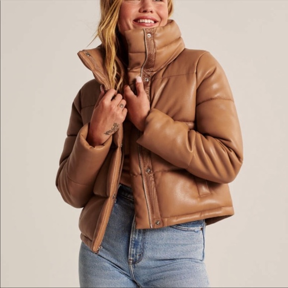 Abercrombie Vegan Leather Mini Puffer Camel Brown Sz Large SOLD OUT - Picture 6 of 13